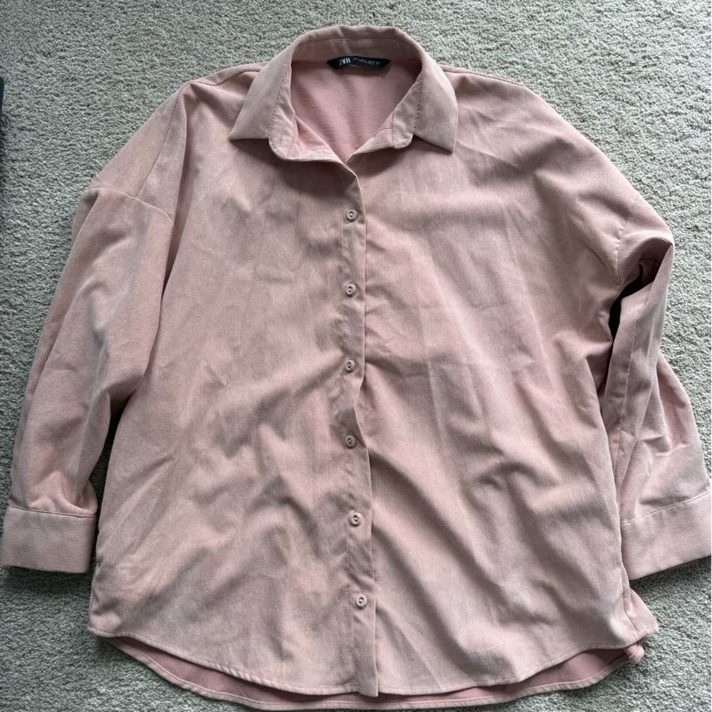 Zara Oversized Courdoroy Pink Button-Down Shirt Size S